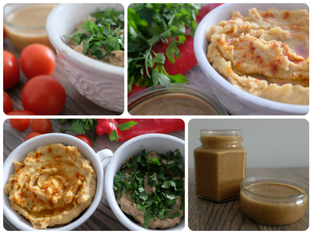 tahini, hummus, baba ghanush